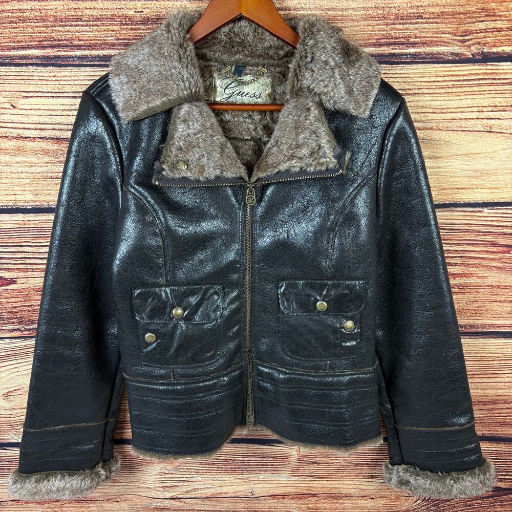 Vintage 1990s Guess Brown Leather Faux Fur Bomber Jacket
